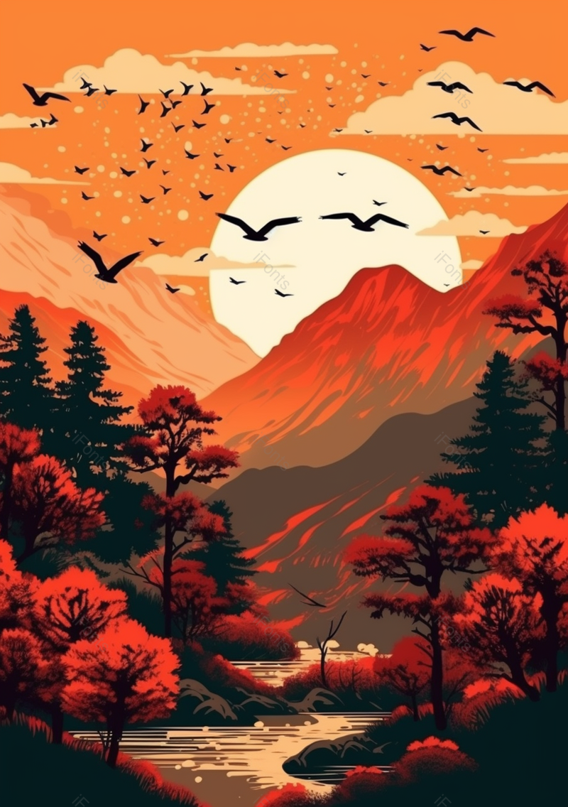 大雁在红色树林上空飞翔秋分中国风手绘背景,插画/手绘图,插画/手绘图库,插画/手绘图下载,插画/手绘